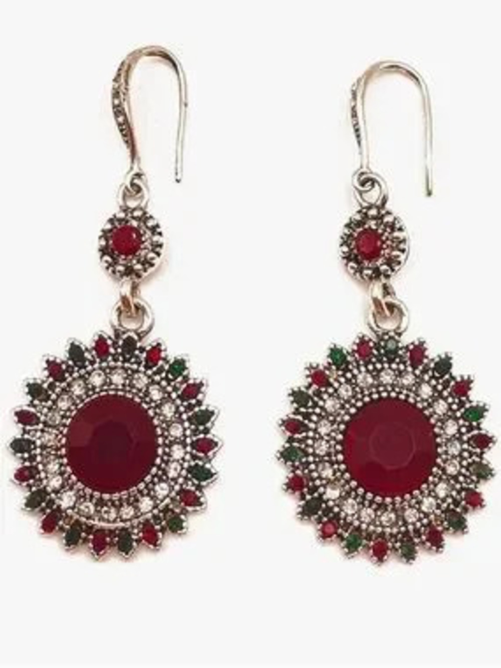 Anthropologie Red and Green Crystal Sunburst Drop Earrings